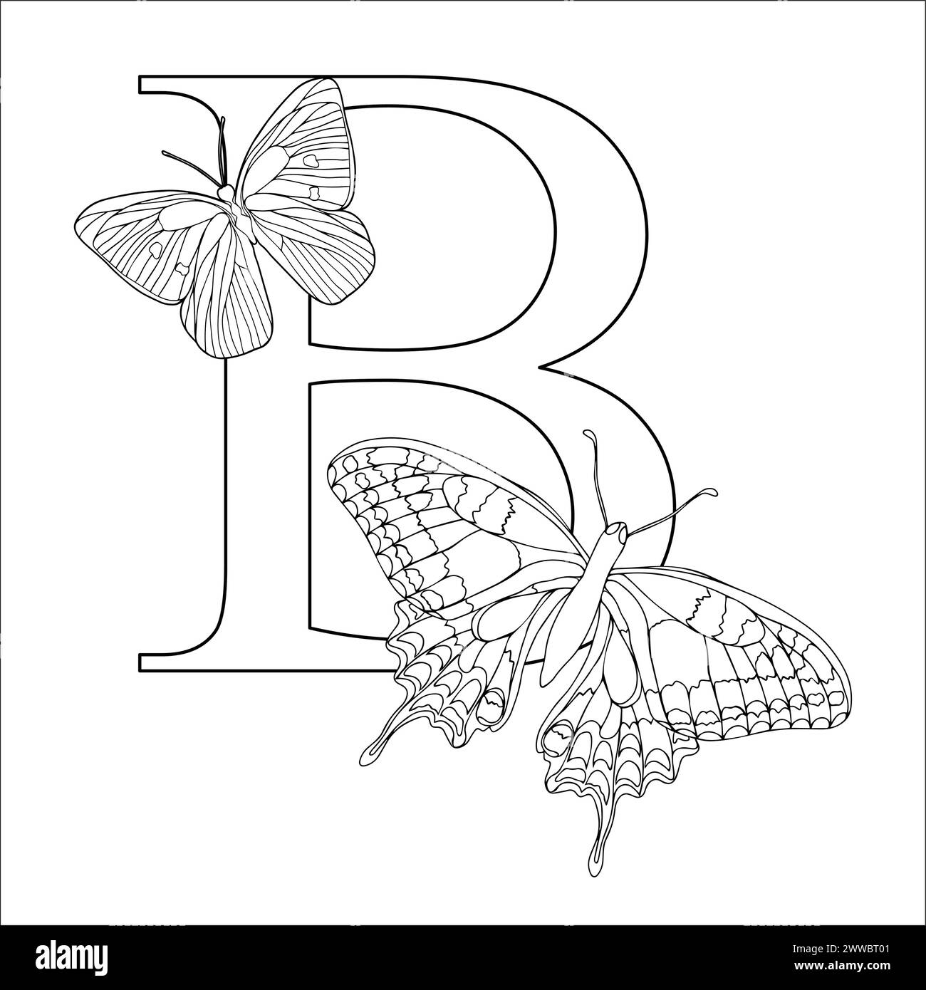 Lettre B de l'alphabet papillon au livre de coloriage pour les enfants. Illustration vectorielle, isoler sur fond blanc. Illustration de Vecteur