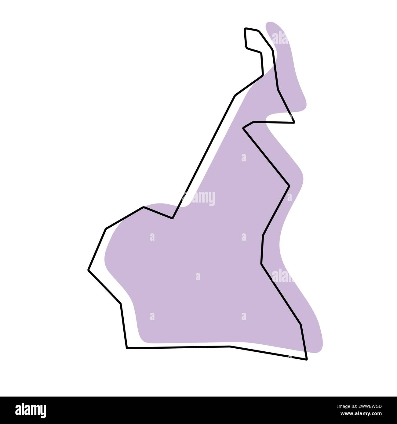 Cameroun pays carte simplifiée. Silhouette violette avec contour lisse noir mince isolé sur fond blanc. Icône vectorielle simple Illustration de Vecteur