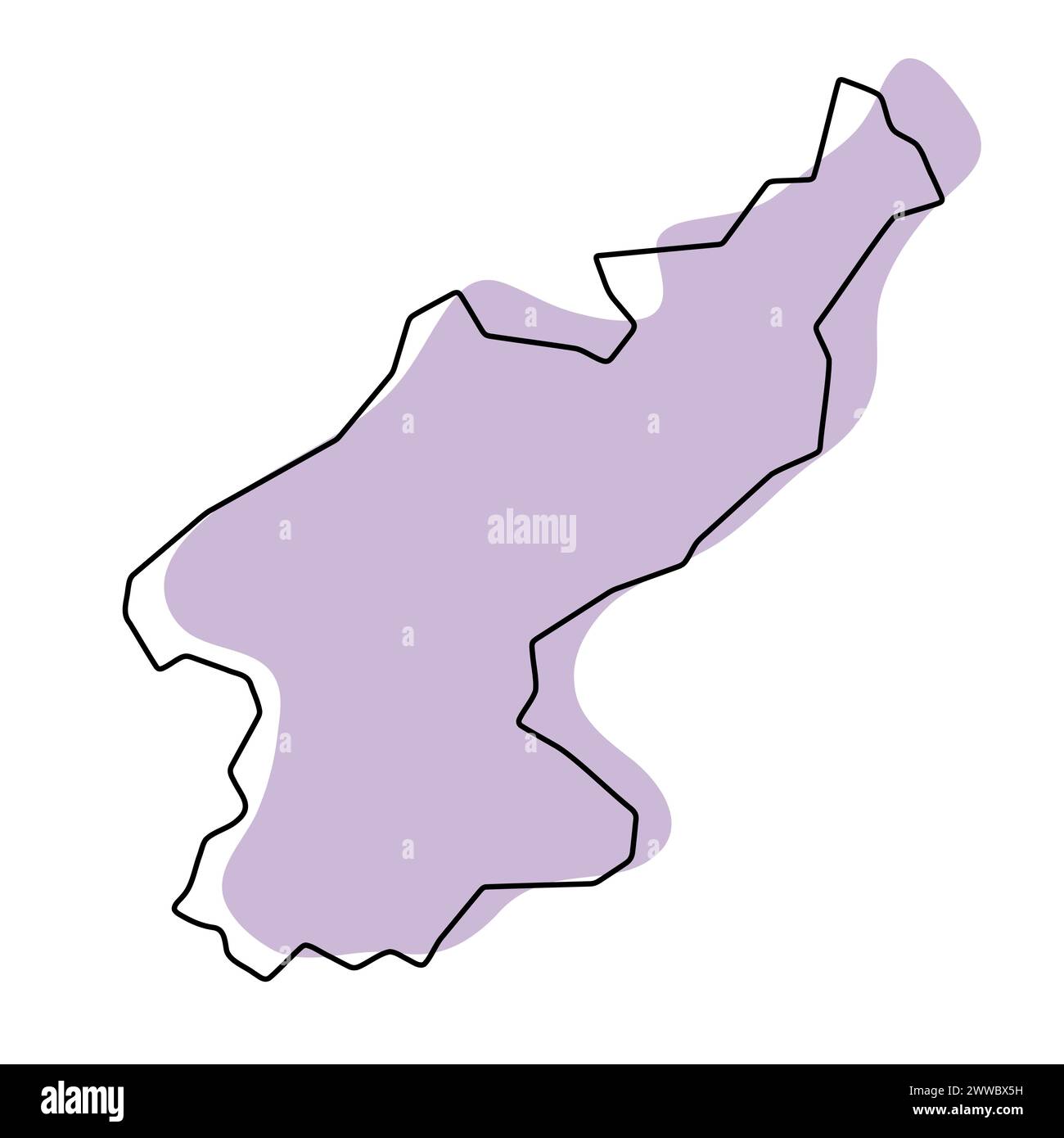 Carte simplifiée du pays de Corée du Nord. Silhouette violette avec contour lisse noir mince isolé sur fond blanc. Icône vectorielle simple Illustration de Vecteur