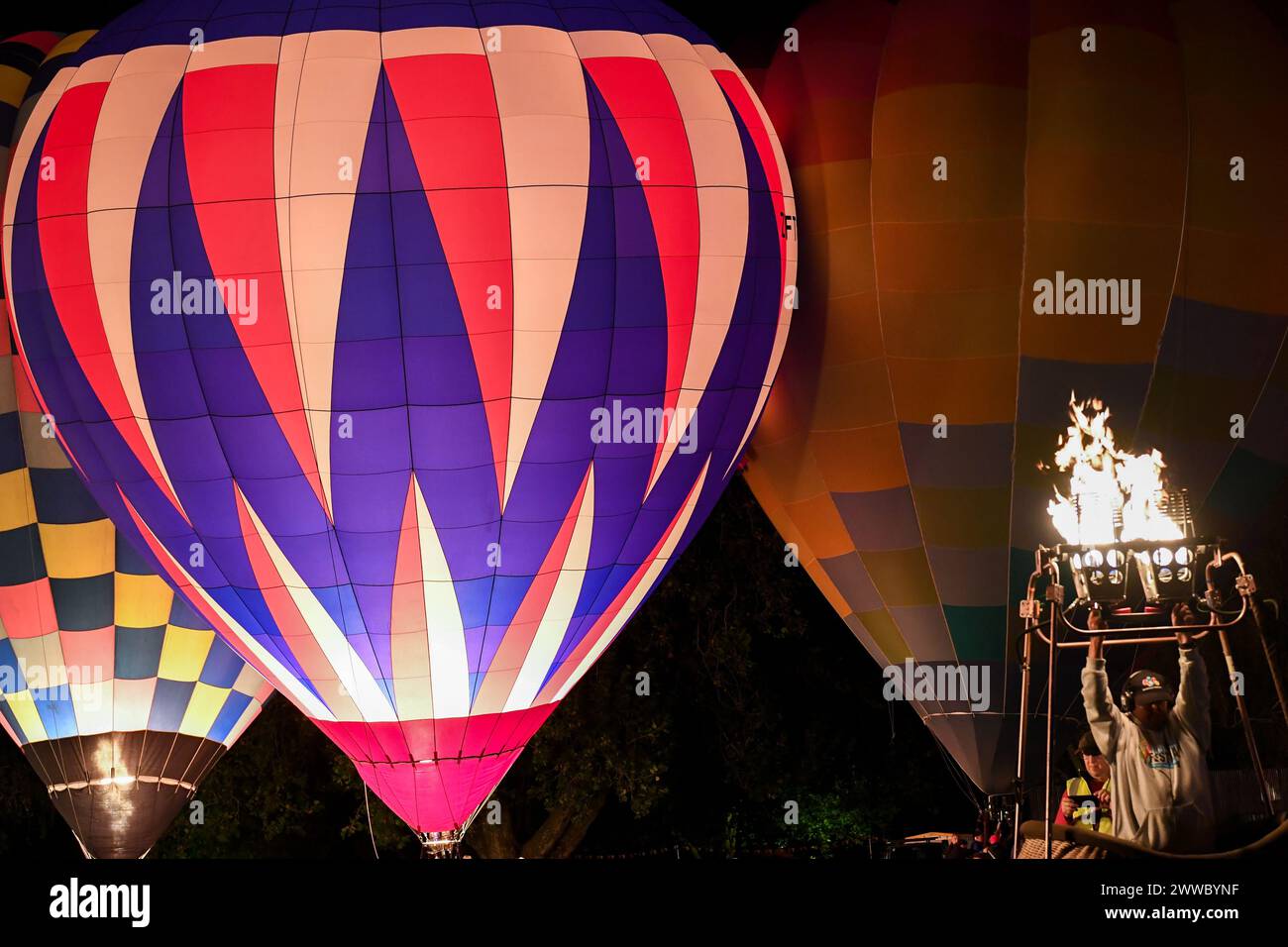 Hamilton, Nouvelle-Zélande. 23 mars 2024. Des montgolfières s'illuminent lors d'un événement luisant nocturne à Hamilton, Nouvelle-Zélande, le 23 mars 2024. Le festival annuel du ballon de 5 jours s'est terminé samedi. Crédit : Guo Lei/Xinhua/Alamy Live News Banque D'Images