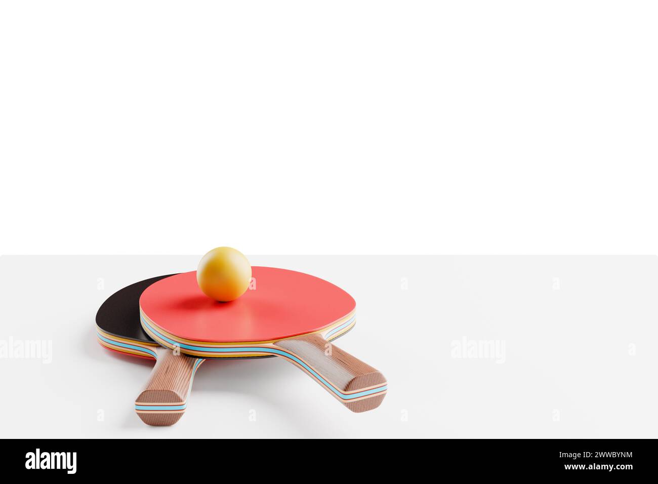 Sur la table se trouvent deux raquettes pour le tennis de table, le ping-pong et une balle. Rendu 3D. Banque D'Images