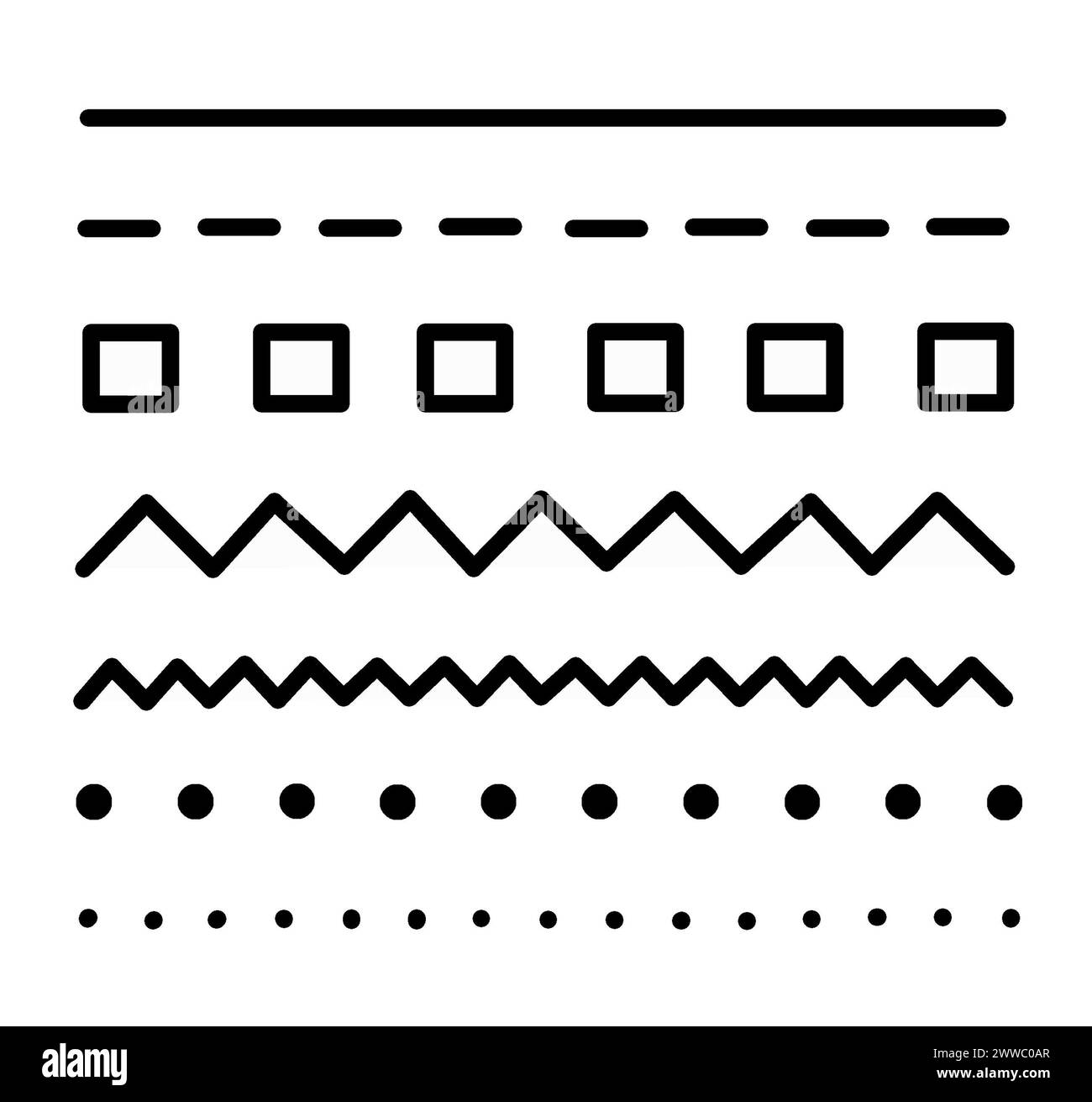 Ensemble de lignes de formes différentes. Ligne droite, ligne pointillée, zigzag, ligne pointillée, ligne carrée. Illustration isolée sur fond blanc Banque D'Images