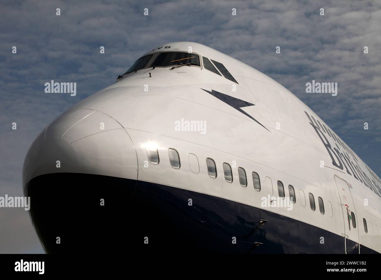 Devant le Boeing 747 Negus, exposition statique à l'aéroport de Cotswold, EGBP. G-CIVB. Sir Arthur Negus. Marquages de livrée BOAC historiques. Banque D'Images