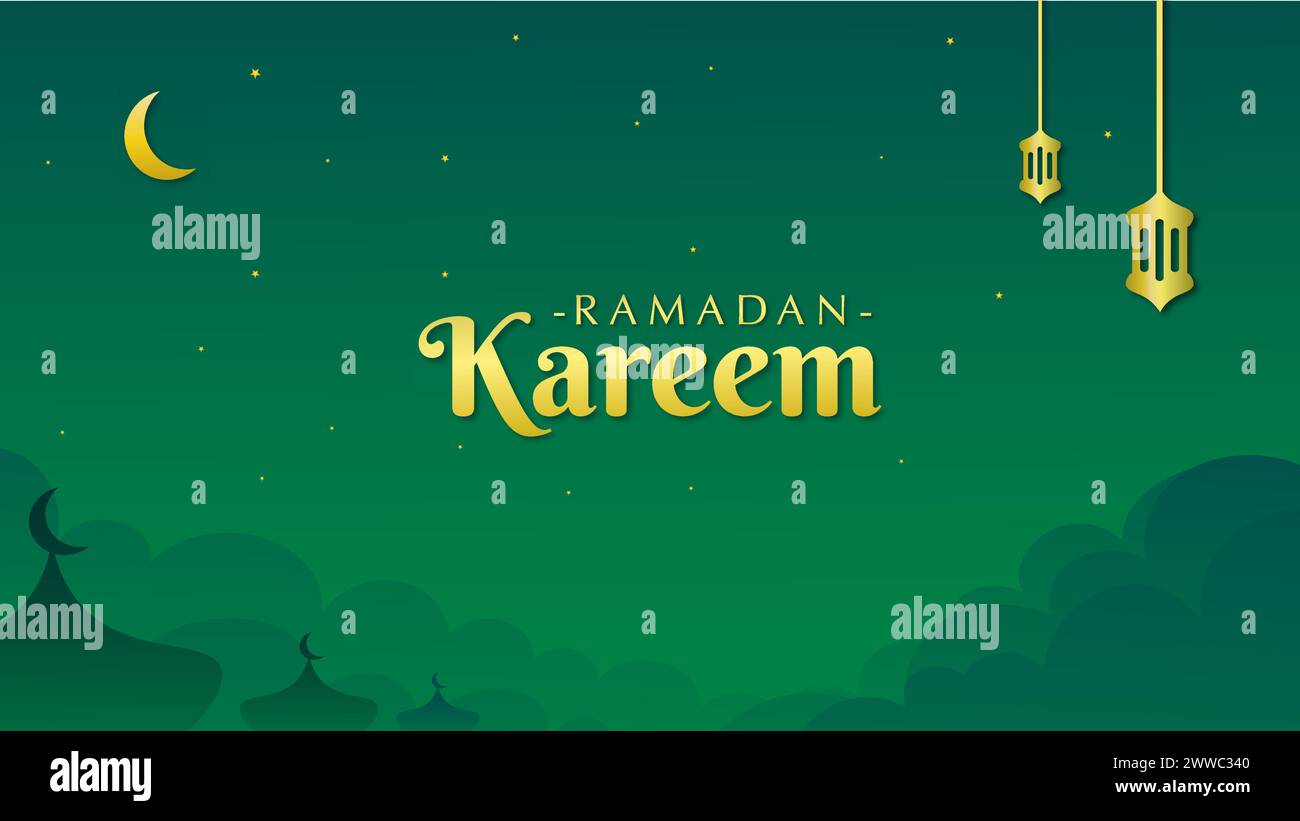 Beau ciel nocturne avec des lanternes dorées et la lune parmi les étoiles étincelantes. Modèle de conception de carte de voeux islamique Illustration de Vecteur