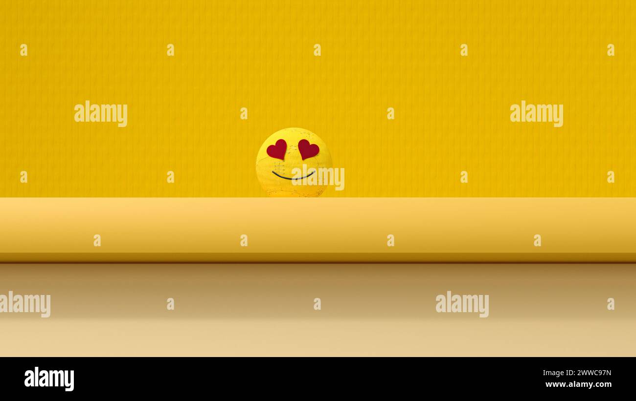 Rendu 3D de la sphère de visage souriant debout sur fond jaune Banque D'Images