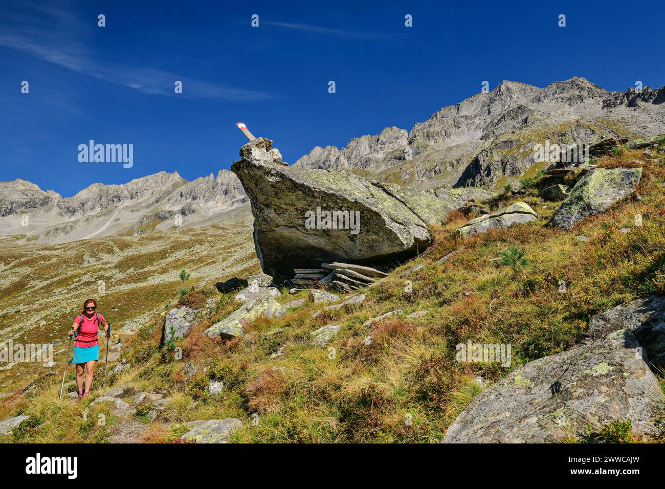Autriche, Tyrol, femme randonneuse suivant Aschaffenburger Hohenweg Trail dans les Alpes du Zillertal Banque D'Images