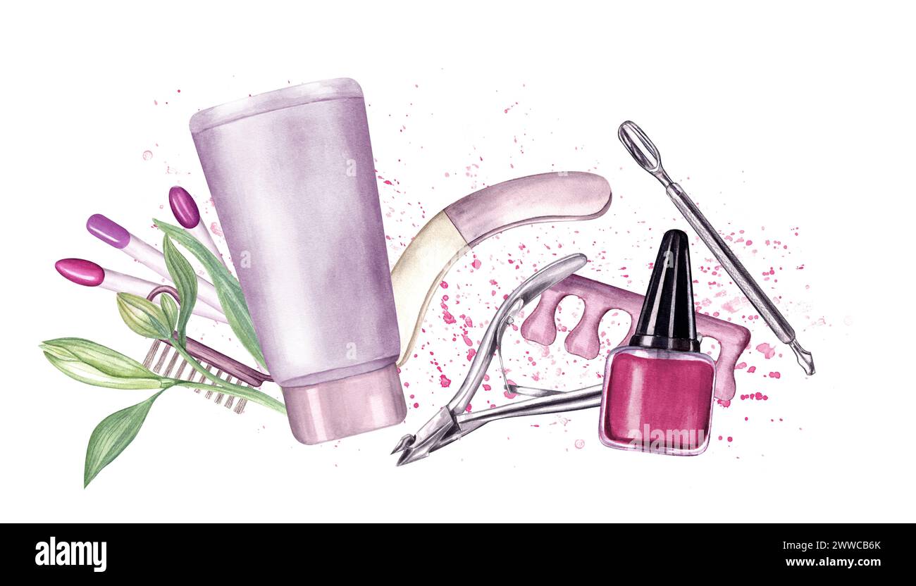 Outils de manucure, fleurs. Lime à ongles, crème, tampon à ongles, séparateur d'orteils. Pousseur de cuticules métallique, taille-cuticules. vernis à ongles, palette de couleurs. Banque D'Images