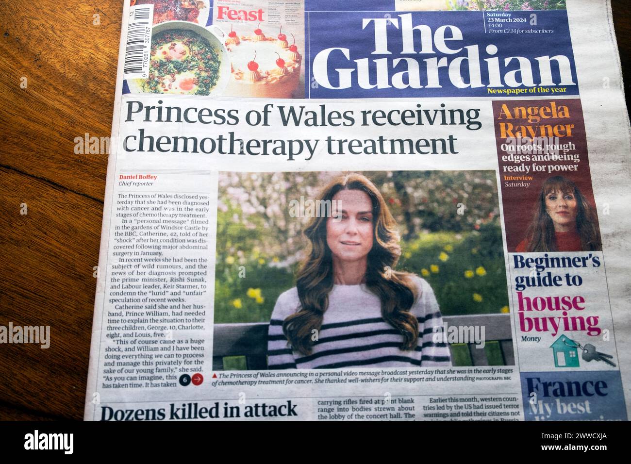 Kate Middleton 'Princesse de Galles recevant un traitement de chimiothérapie' journal Guardian titre première page 23 mars 2024 Londres Royaume-Uni Banque D'Images