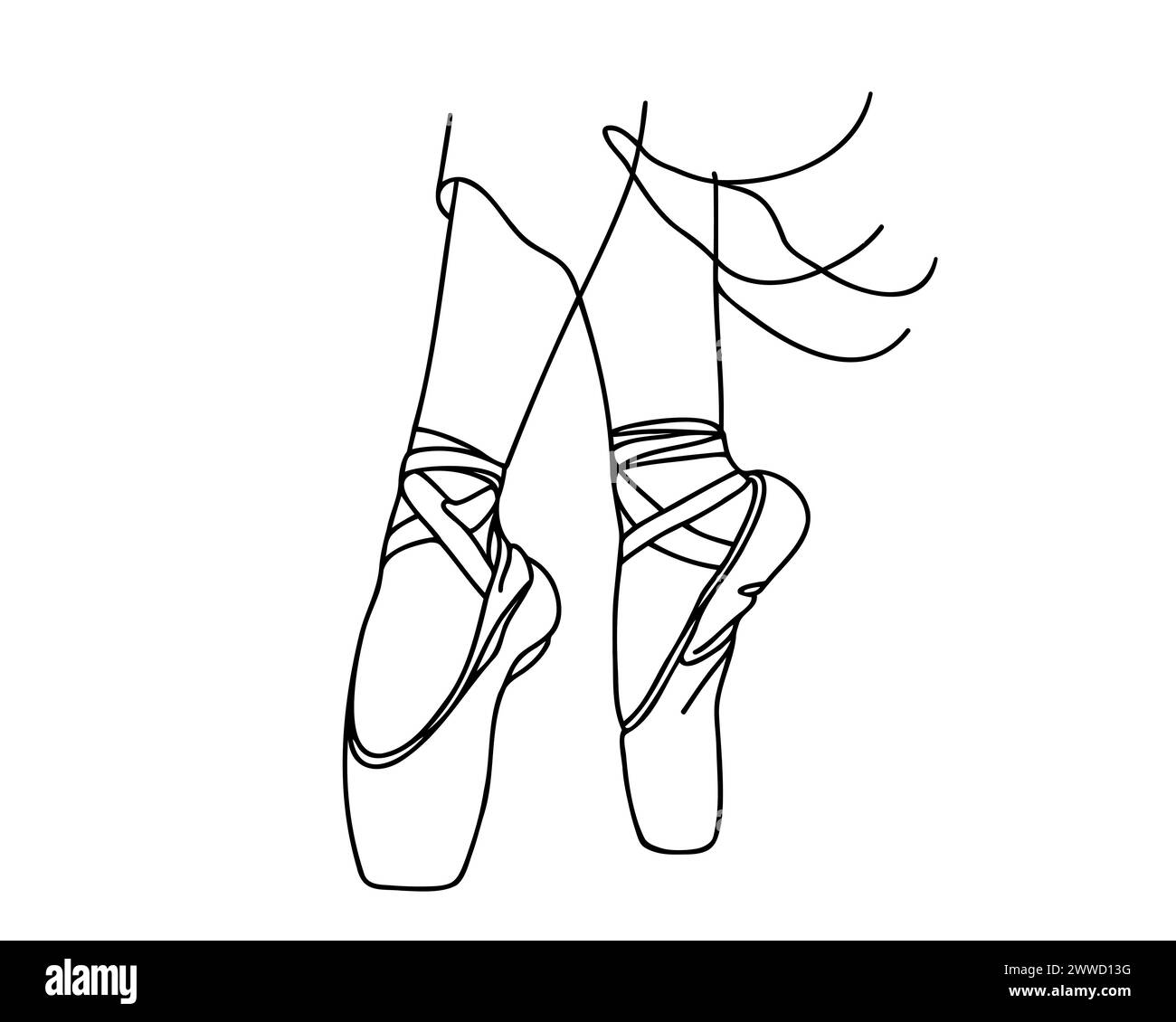 Pieds de ballerine en chaussures pointe. Journée mondiale du Ballet. Dessin d'une ligne pour différentes utilisations. Illustration vectorielle Illustration de Vecteur