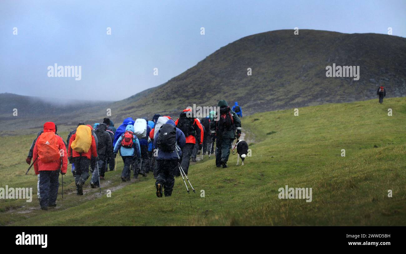 25/04/2012. ..dans une averse sévère et avec deux pouces de pluie supplémentaires prévus, un groupe de marcheurs intrépides se frayent un chemin vers le sommet de Kinder SC Banque D'Images