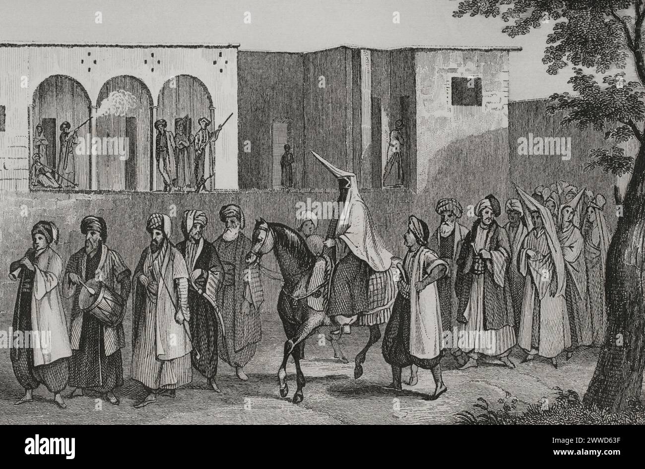 Mariage d'un jeune prince druze. La suite de la princesse à Nahr el-Kelb. marche de mariage au Mont Liban. Gravure par Ransonnette. 'La Tierra Santa y los lugares recorridos por los profetas, por los apóstoles y por los cruzados' (Terre Sainte et lieux traversés par les prophètes, les apôtres et les croisés). Publié à Barcelone par l'imprimerie Joaquin Verdaguer, 1840. Banque D'Images