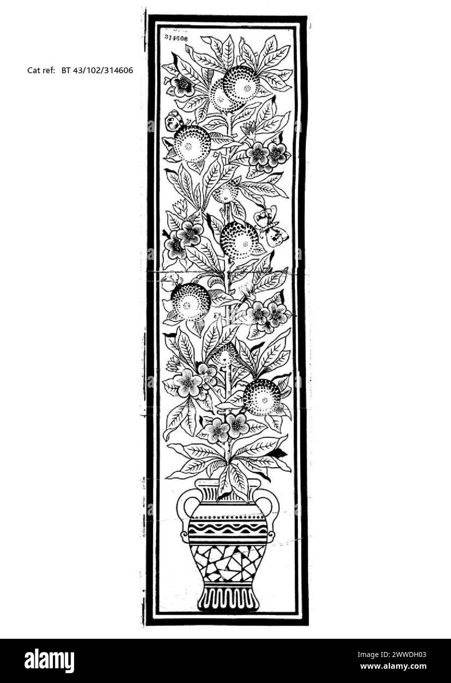 Dessin d'un papier suspendu de 1877 illustrant des motifs et des éléments décoratifs utilisés dans la décoration intérieure au XIXe siècle. Banque D'Images