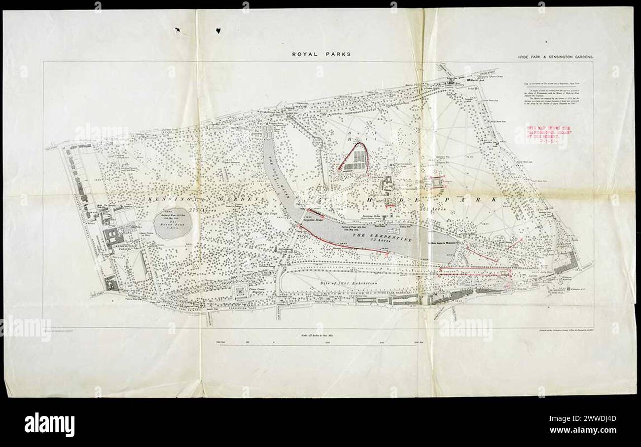 1937 carte de Hyde Park identifiant les zones surveillées par la police des parcs royaux pour déceler l'immoralité perçue, en mettant l'accent sur les espaces entourant les urinoirs publics. Banque D'Images