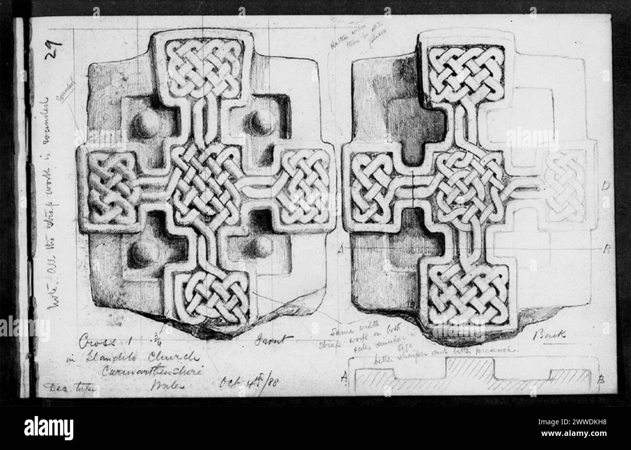 Croquis d'une croix celtique de l'église de la fabrique Teilo, Llandeilo, pays de Galles, dessiné par un officier de l'inspection des monuments anciens le 4 octobre 1888. Banque D'Images