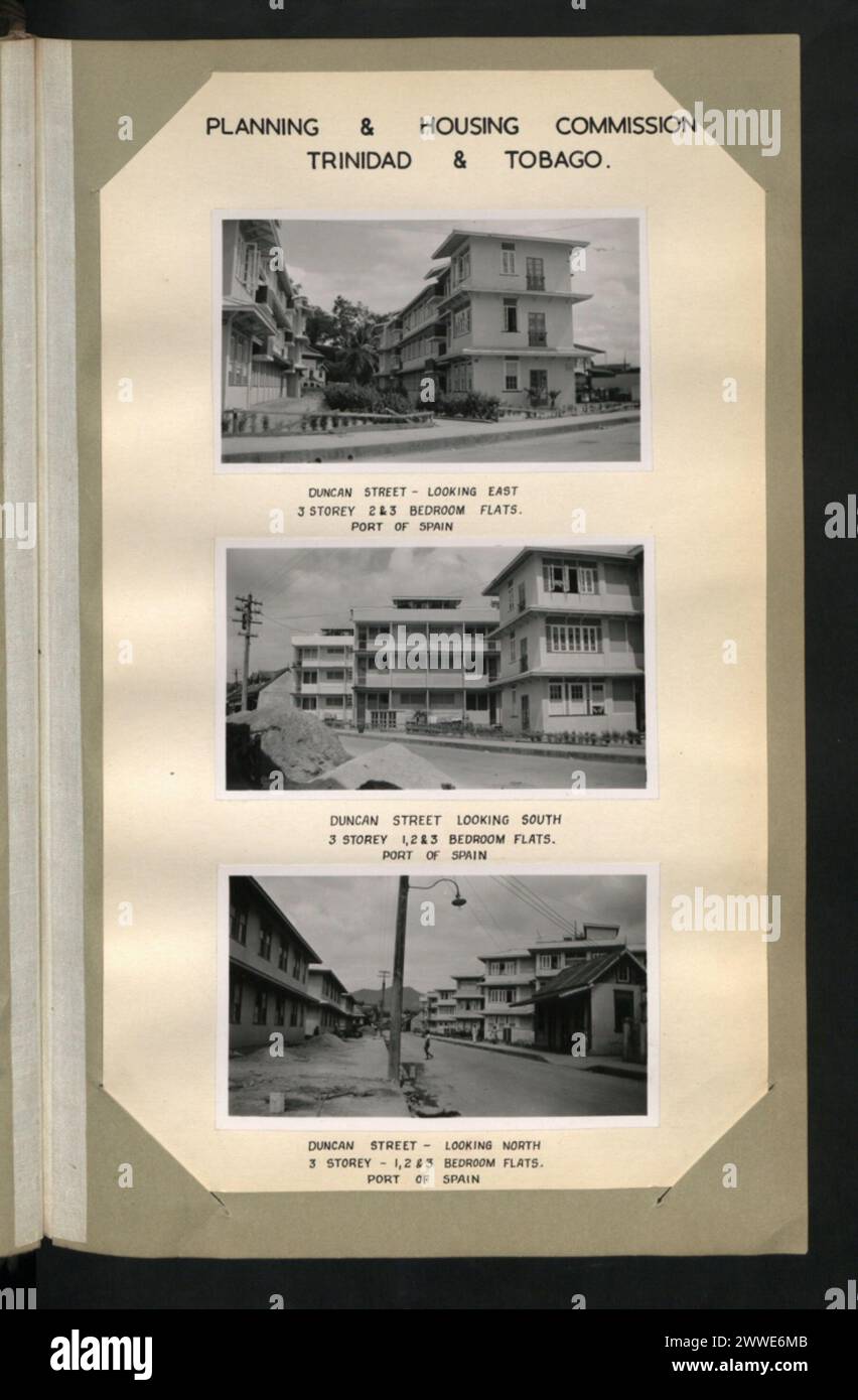 Vues de Duncan Street, Port of Spain, Trinité-et-Tobago, montrant des appartements résidentiels de plusieurs étages avec 1-3 chambres avant la démolition des bidonvilles par la Commission de planification et de logement (1950-1959). Banque D'Images