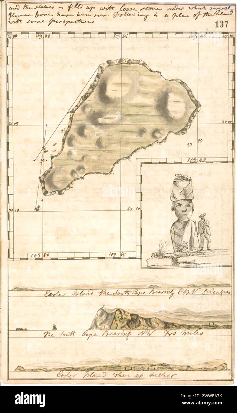 Carte et croquis de l’île de Pâques tirés du journal de J. Gilbert du HMS Resolution au cours de son voyage dans le Pacifique (1772-1775), montrant la géographie de l’île, les statues de moai et les itinéraires de navigation. Banque D'Images