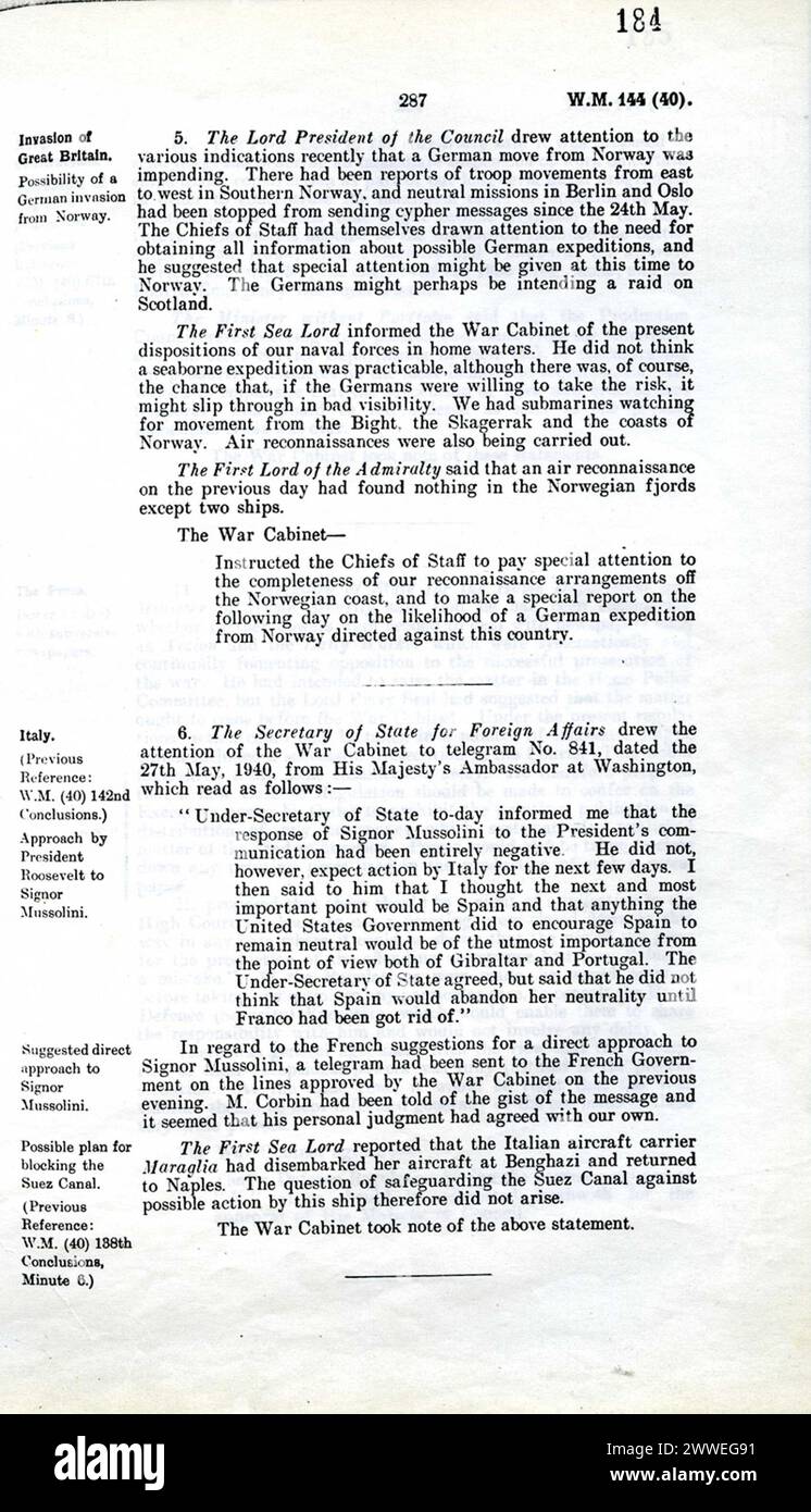 Procès-verbal de la réunion du Cabinet 28/5/1940 (5) seconde guerre mondiale, procès-verbal, second worldwar, Cabinetpapers, 2851940 Banque D'Images