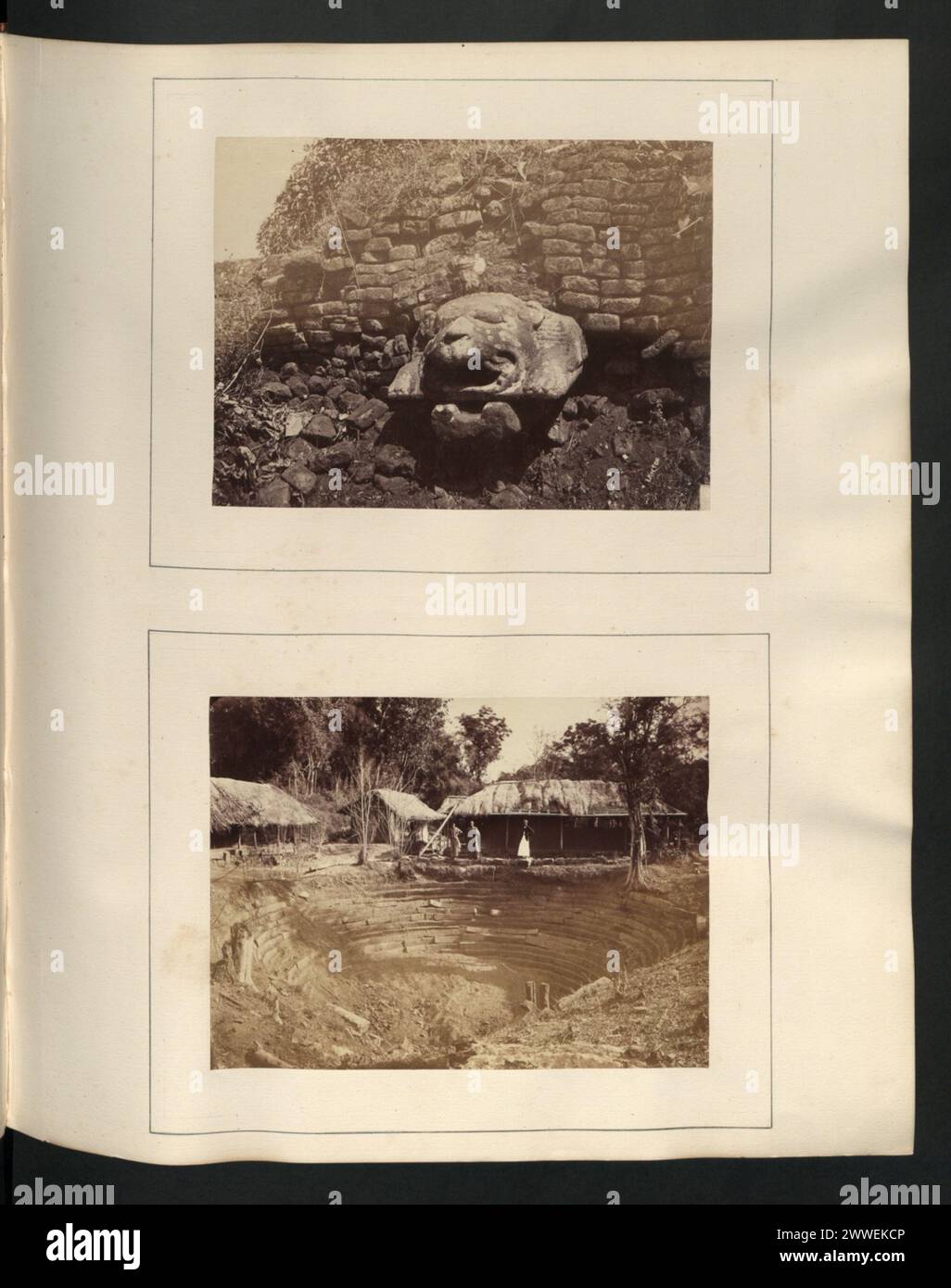 Un bec d'eau en tête de lion de pierre, de 2 pieds 6 pouces de large, est installé dans le mur des éléphants près du Ruwanweli Dágoba à Anuradhapura, Ceylan, qui fait partie de l'ancien système hydraulique. Banque D'Images