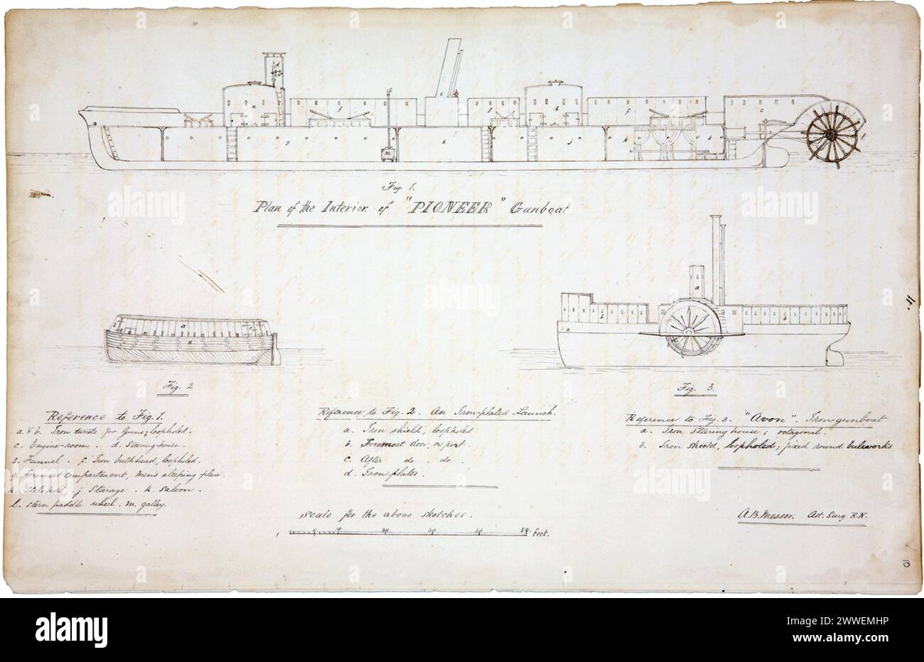Page du journal médical et chirurgical du chirurgien assistant A. B. Messer sur le HMS Curacoa, montrant le plan intérieur de la canonnière Pioneer utilisée lors de la campagne de Waikato de 1863 à 64 pendant les guerres de Nouvelle-Zélande. Banque D'Images