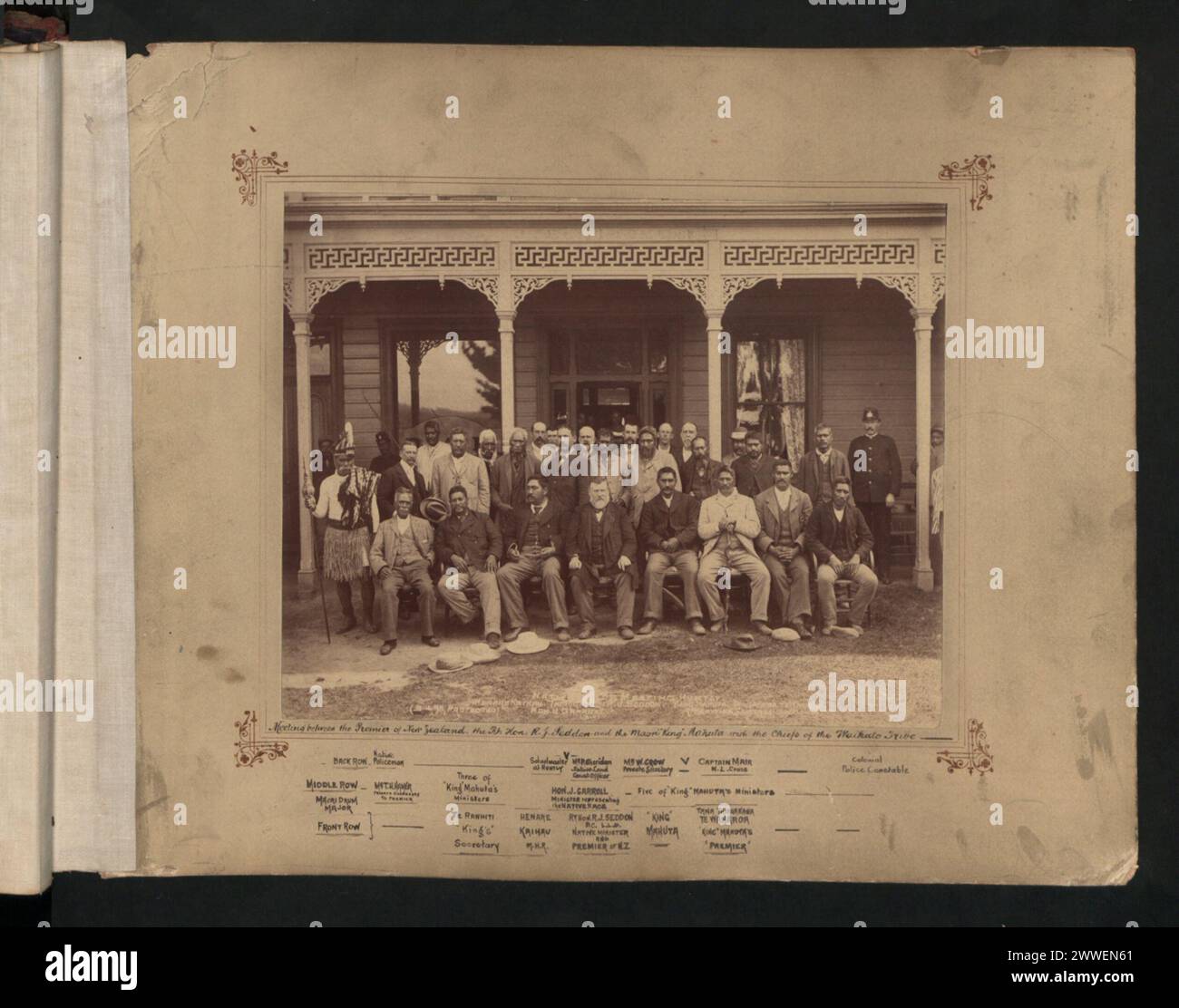 Description : rencontre entre le premier ministre de Nouvelle-Zélande, le RT. Honor R.F. Seddon et le Mahuta Maori 'King' avec les chefs de la tribu Waikato au très hon. Joseph Chamberlain avec compliments et meilleurs voeux. Lieu : Wellington, Île du Nord, Nouvelle-Zélande date : janvier 1898 newzealand, australasie, océanie, australasiathrough alens Banque D'Images