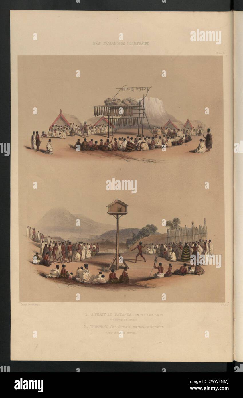 Photographie d'un festin à Mata-Ta, en Nouvelle-Zélande, avec le mont Edgecombe visible, et Māori effectuant des salutations de lance aux visiteurs arrivant à Whata Whata en 1846. Banque D'Images