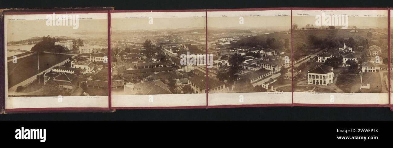 Photographie panoramique de Singapour depuis la flèche de l'église St Andrew en 1863, montrant la ville, les bâtiments, le front de mer et le paysage environnant. Banque D'Images