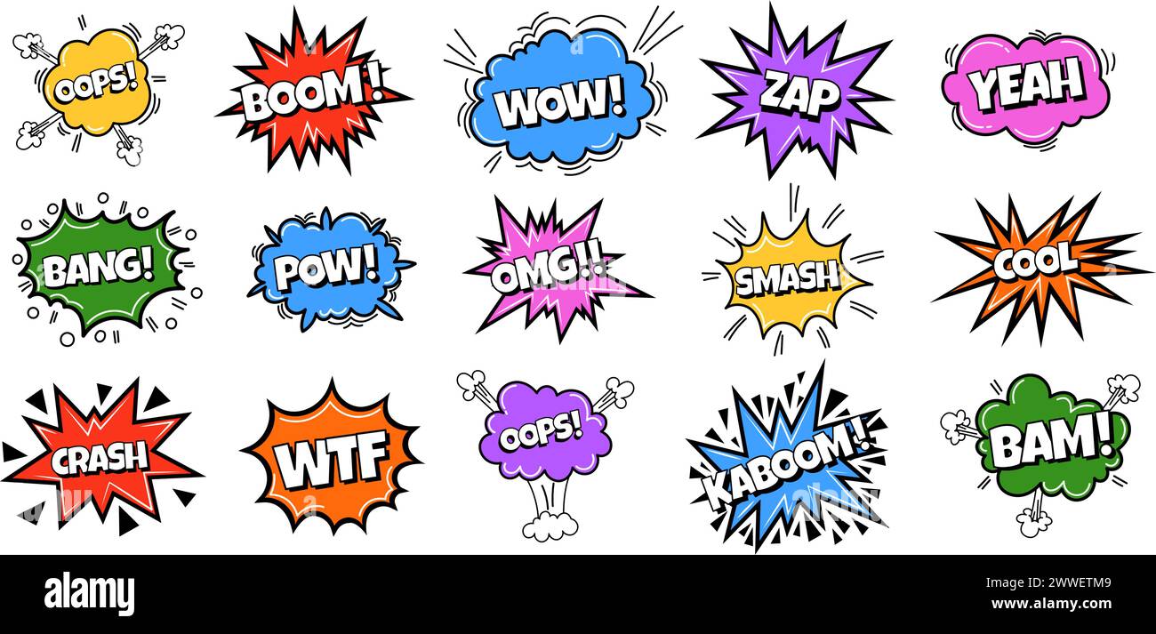 Collection de bulles comiques POW. Bulles de dialogue sonore avec mot - Crash, Oops, Yeah et autres. Expression pop art en couleurs vives et contour noir. Illustration de Vecteur