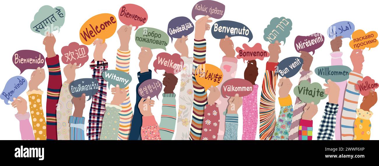 Mains levées d'enfants et d'adolescents divers et multiculturels tenant des bulles de discours avec du texte Bienvenue dans différentes langues internationales. Diversité Illustration de Vecteur