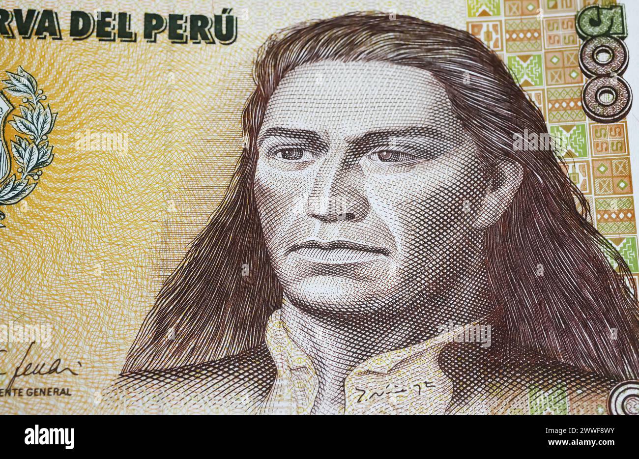 Portrait de Cacique Tupac Amaru II sur les années 80 Perivian 500 Intis billet de banque (focus sur le centre) Banque D'Images