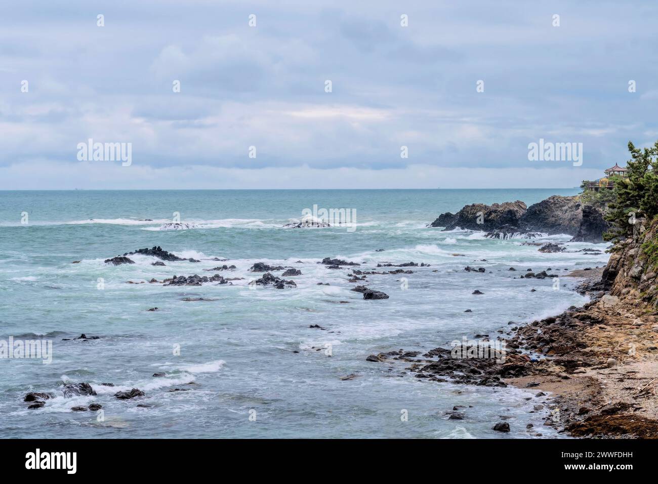 Des vagues agitées ont frappé une côte rocheuse sous un ciel couvert, à Ulsan, en Corée du Sud Banque D'Images