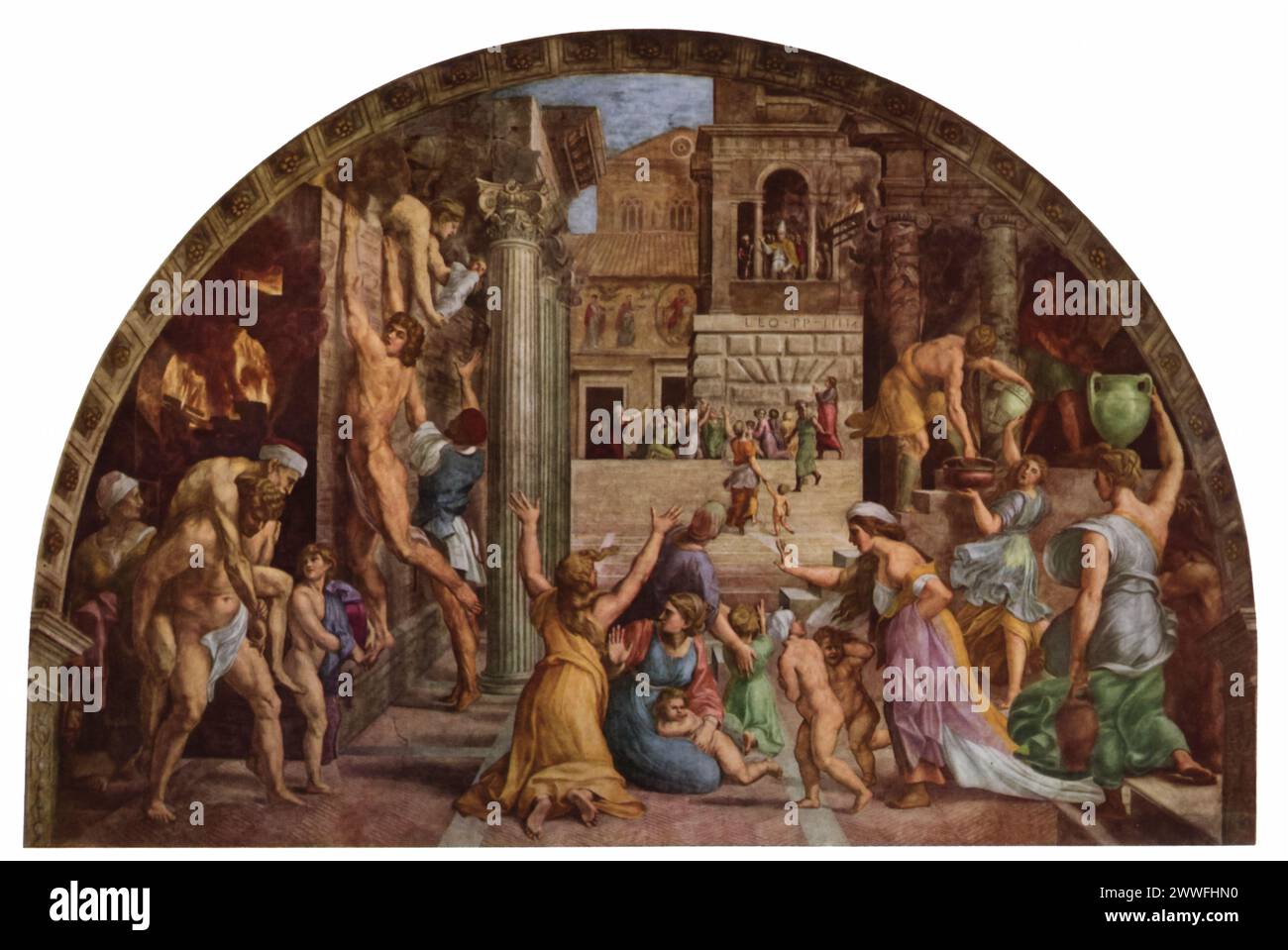 « Le feu dans le Borgo » de Raphaël (vers 1514) : située dans le Palais apostolique du Vatican, une partie de la strophe dell'Incendio di Borgo, cette fresque représente le pape Léon IV qui éteint miraculeusement un incendie dévastateur dans le quartier de Borgo à Rome. La peinture est réputée pour sa représentation vivante de figures humaines en action et sa perspective architecturale, mettant en évidence les contributions de Raphaël à l'exploration de l'espace, de la perspective et du drame humain de la Renaissance. Banque D'Images