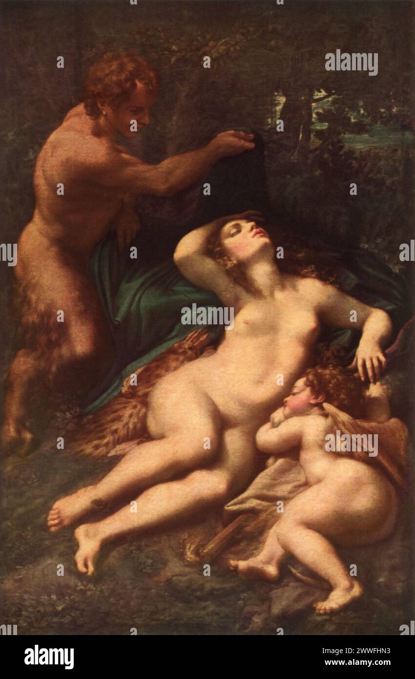 Jupiter et Antiope de Correggio (vers 1531-1532) : tenue au Musée du Louvre, à Paris, cette peinture représente le conte mythologique de Jupiter, déguisé en satyre, approchant la nymphe endormie Antiope. « Jupiter et Antiope » met en évidence l'habileté de Correggio à mélanger des thèmes mythologiques avec des techniques artistiques pionnières. Banque D'Images