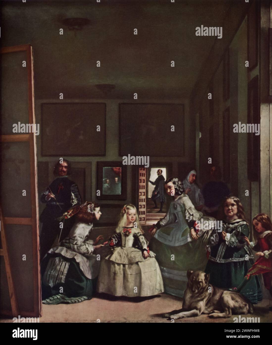 Las Meninas de Diego Velázquez (1656) : logé dans le Museo del Prado de Madrid, ce tableau est l'une des œuvres les plus renommées de Velázquez, représentant la jeune Infante Margarita Teresa entourée de ses servantes d'honneur, d'un garde, d'un nain et d'un chien, avec Velázquez lui-même peignant sur une toile. Connu pour sa composition complexe et énigmatique, 'Las Meninas' joue avec les perspectives et les réflexions, invitant les spectateurs à un engagement profond et interactif avec la scène. Banque D'Images