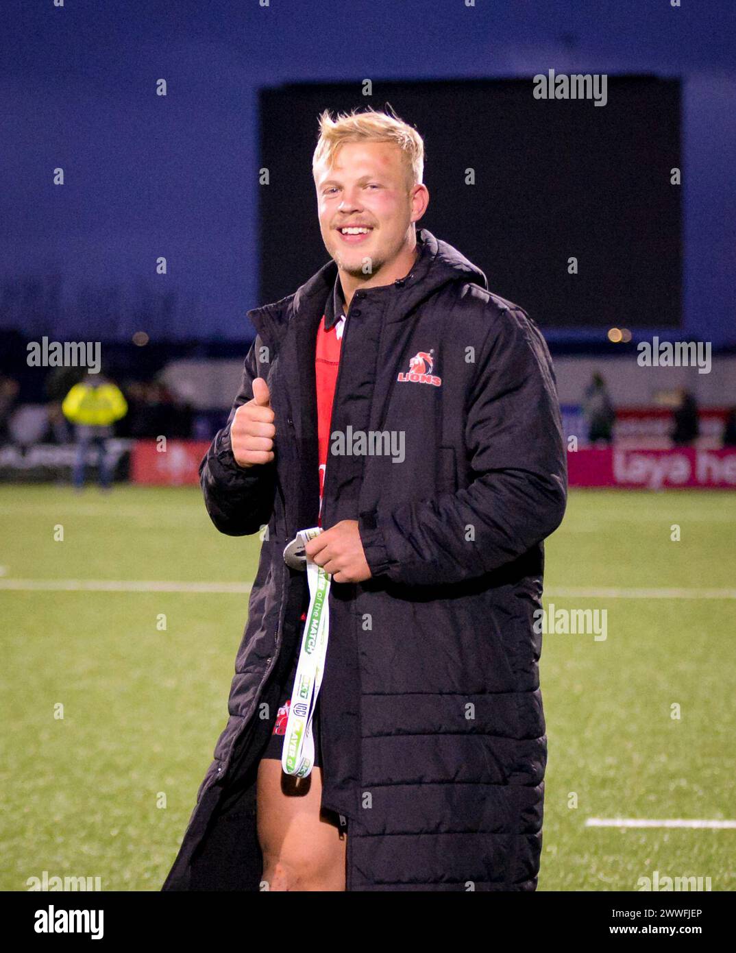 Galway, Irlande. 23 mars 2024. Joueur du match JC Pretorious après la 12e manche du BKT United Rugby Championship entre Connacht et Emirates Lions au stade Dexcom de Galway crédit : Don Soules/Alamy Live News Banque D'Images