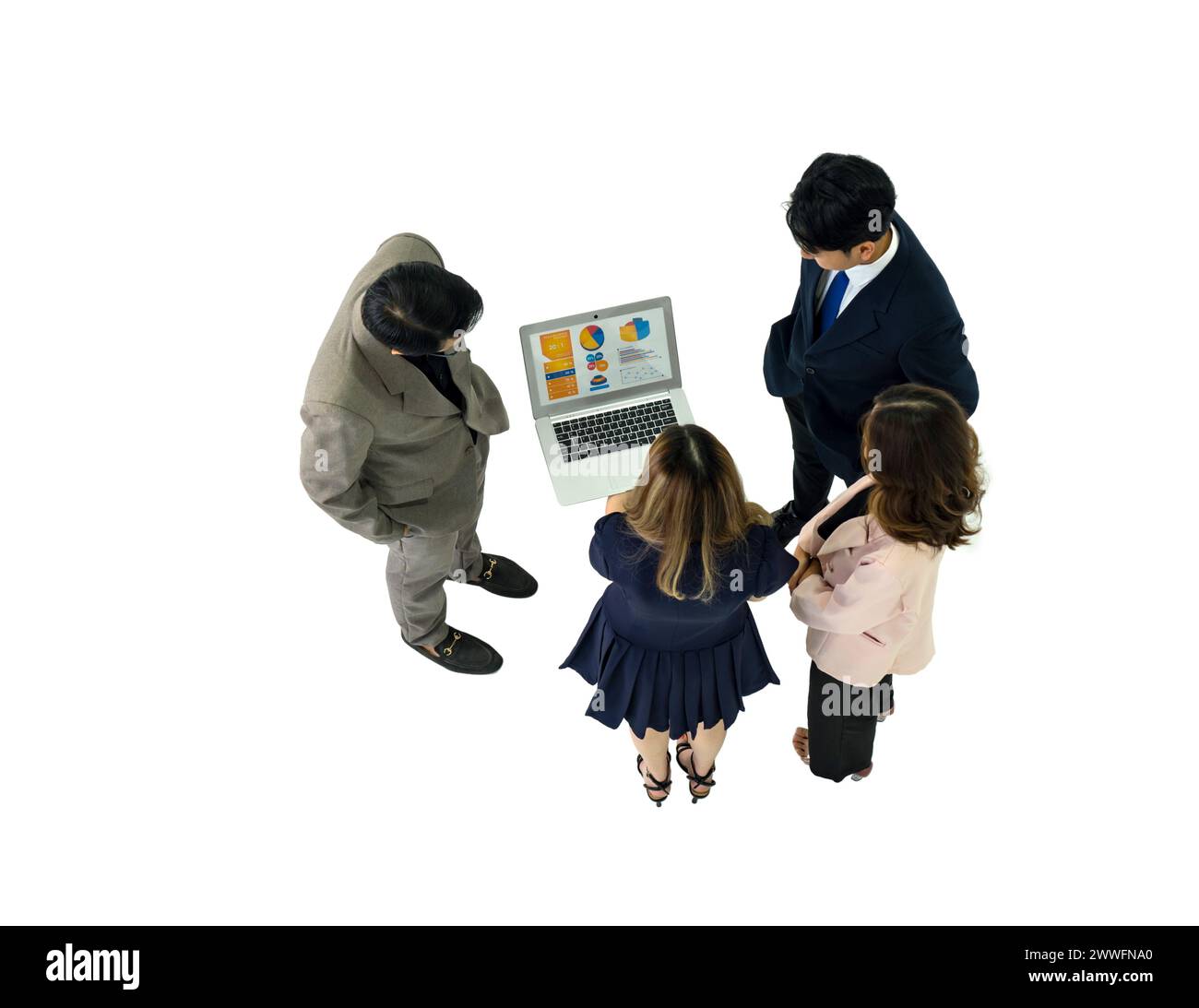 Plusieurs professionnels se réunissent dans une salle blanche et lumineuse, tous centrés sur un écran d'ordinateur portable. Banque D'Images