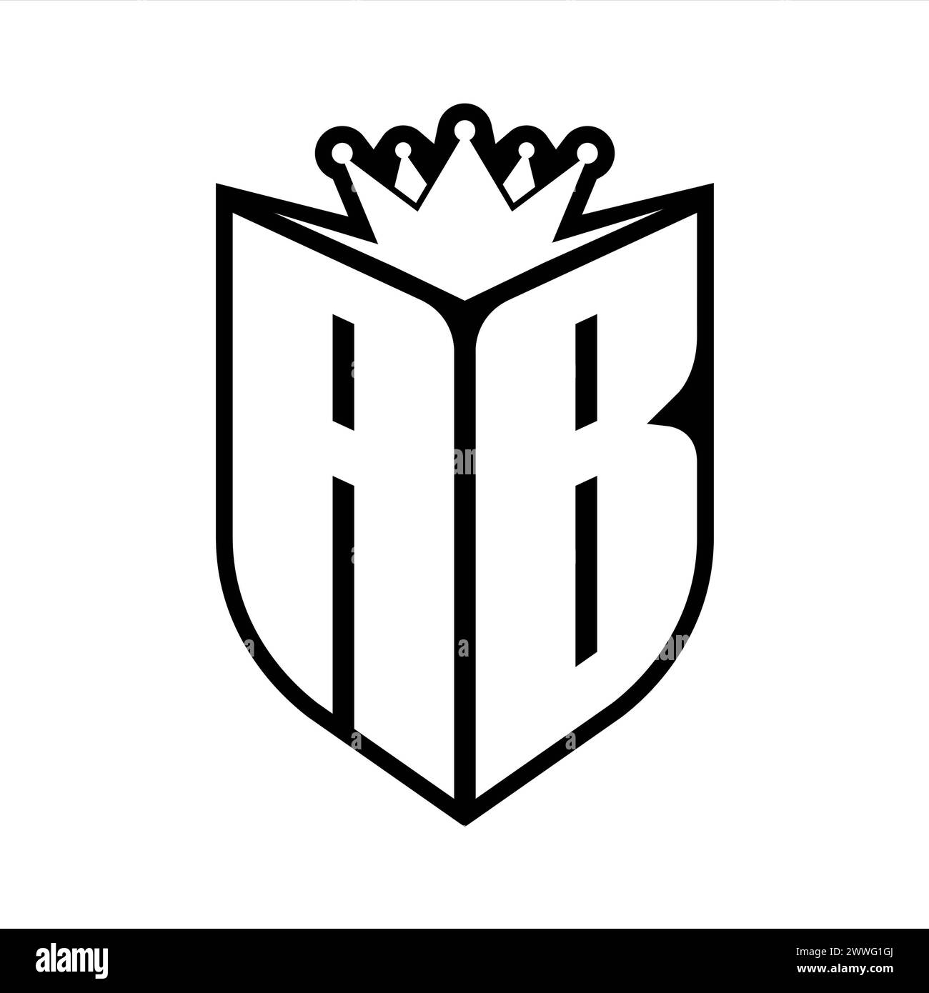Lettre AB monogramme gras avec forme de bouclier et couronne pointue à l'intérieur du bouclier modèle de conception de couleur noir et blanc Banque D'Images