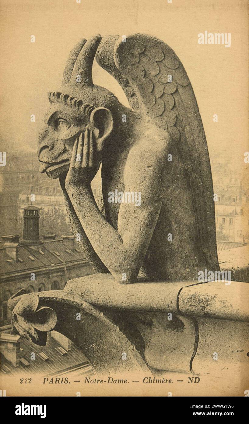 Carte postale noire et blanche d'une statue chimère grotesque sur le toit de la cathédrale notre-Dame de Paris, France, publiée en 1906 Banque D'Images