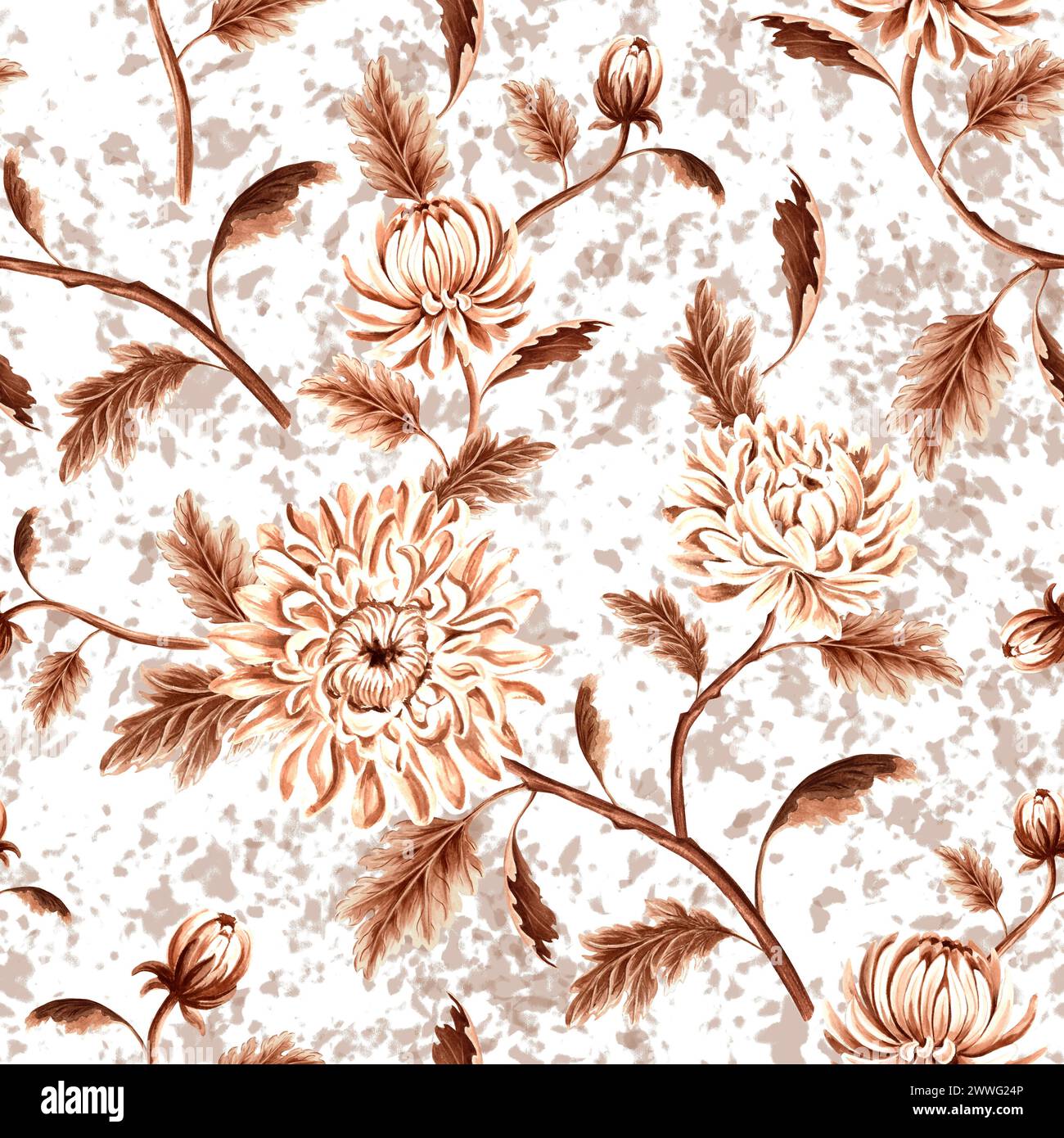 Modèle sans couture monochrome de fleurs de chrysanthème avec des feuilles dans un style vintage. Illustration d'aquarelle dessinée à la main de couleur brune. Fleurs de jardin. T Banque D'Images