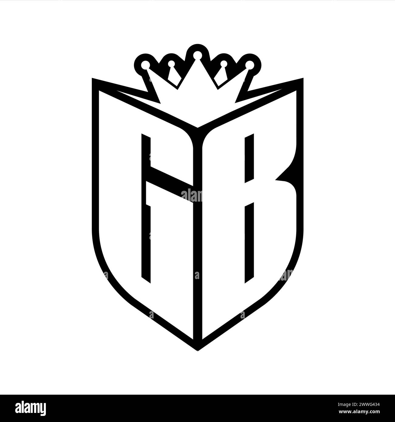 Monogramme en gras lettre GB avec forme de bouclier et couronne pointue à l'intérieur du bouclier modèle de conception de couleur noir et blanc Banque D'Images