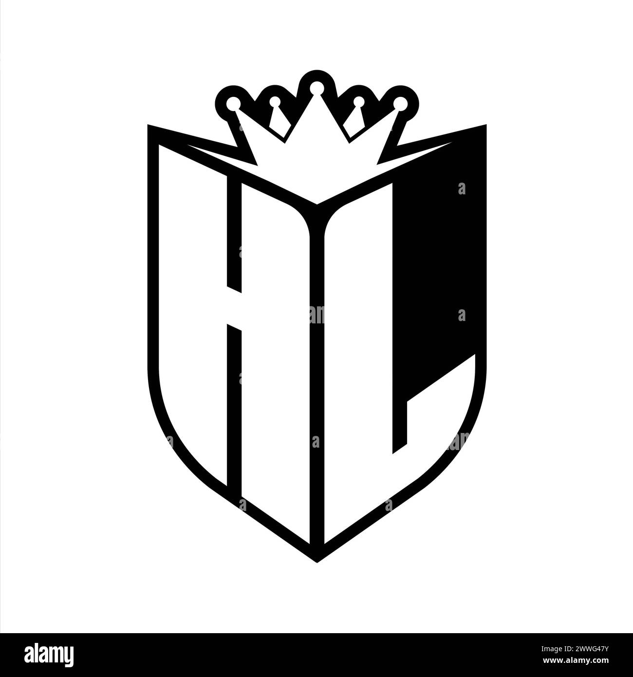Monogramme en gras lettre HL avec forme de bouclier et couronne pointue à l'intérieur du bouclier modèle de conception de couleur noir et blanc Banque D'Images