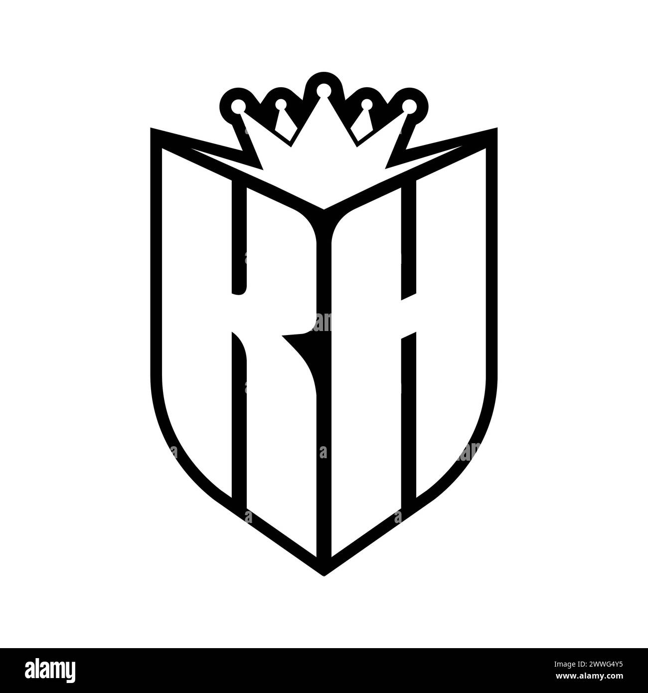 Lettre KH monogramme gras avec forme de bouclier et couronne pointue à l'intérieur du bouclier modèle de conception de couleur noir et blanc Banque D'Images