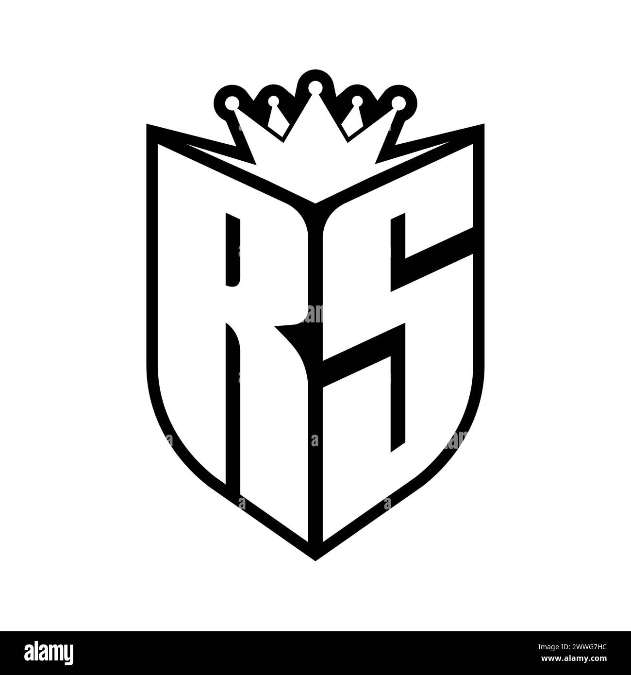 Monogramme en gras lettre RS avec forme de bouclier et couronne pointue à l'intérieur du bouclier, modèle de conception de couleur noire et blanche Banque D'Images