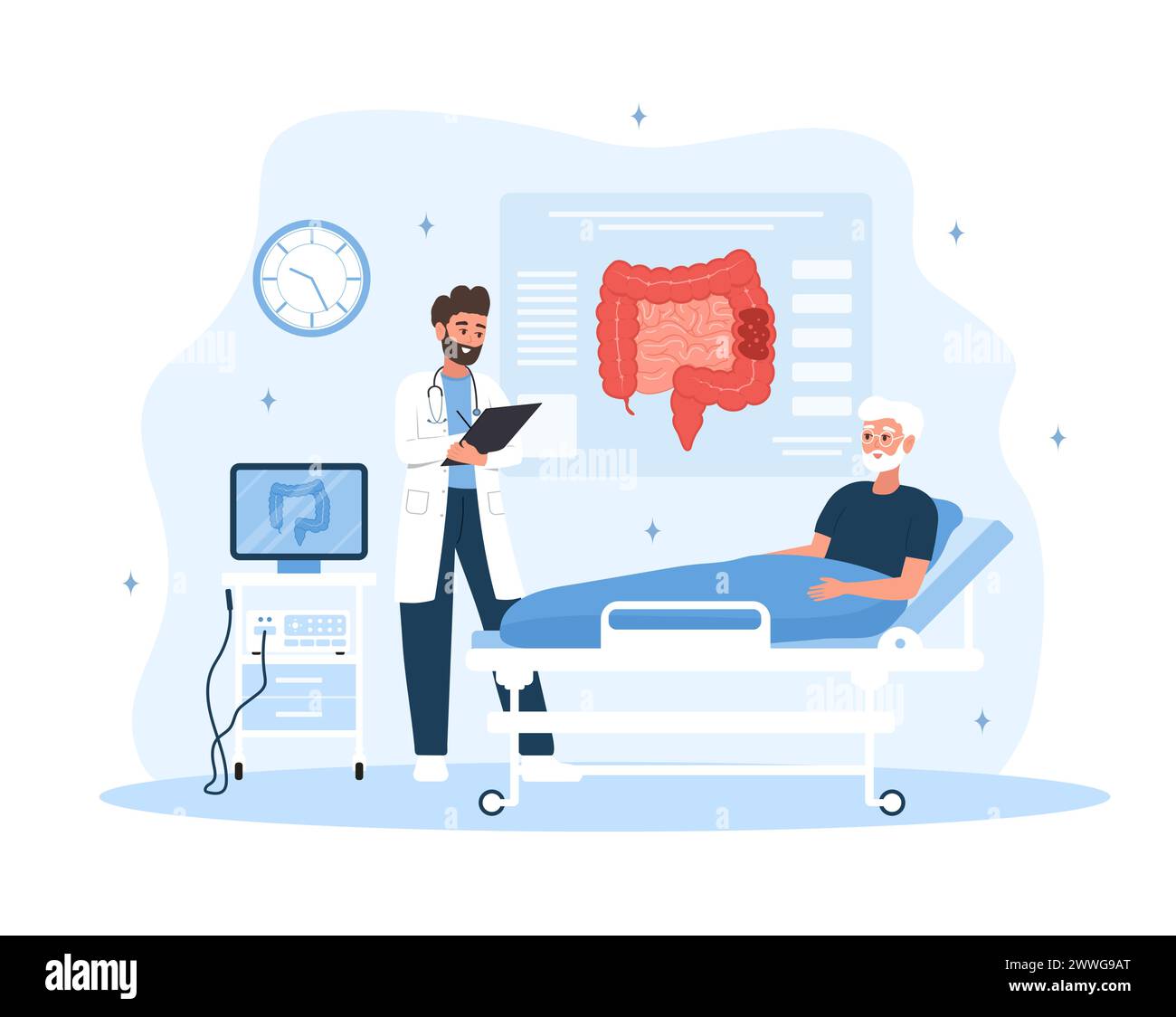 Concept de coloscopie. Proctologiste masculin examiner l'intestin. Un homme âgé est examiné à l'hôpital. Illustration vectorielle dans le style de dessin animé plat. Deux points Illustration de Vecteur