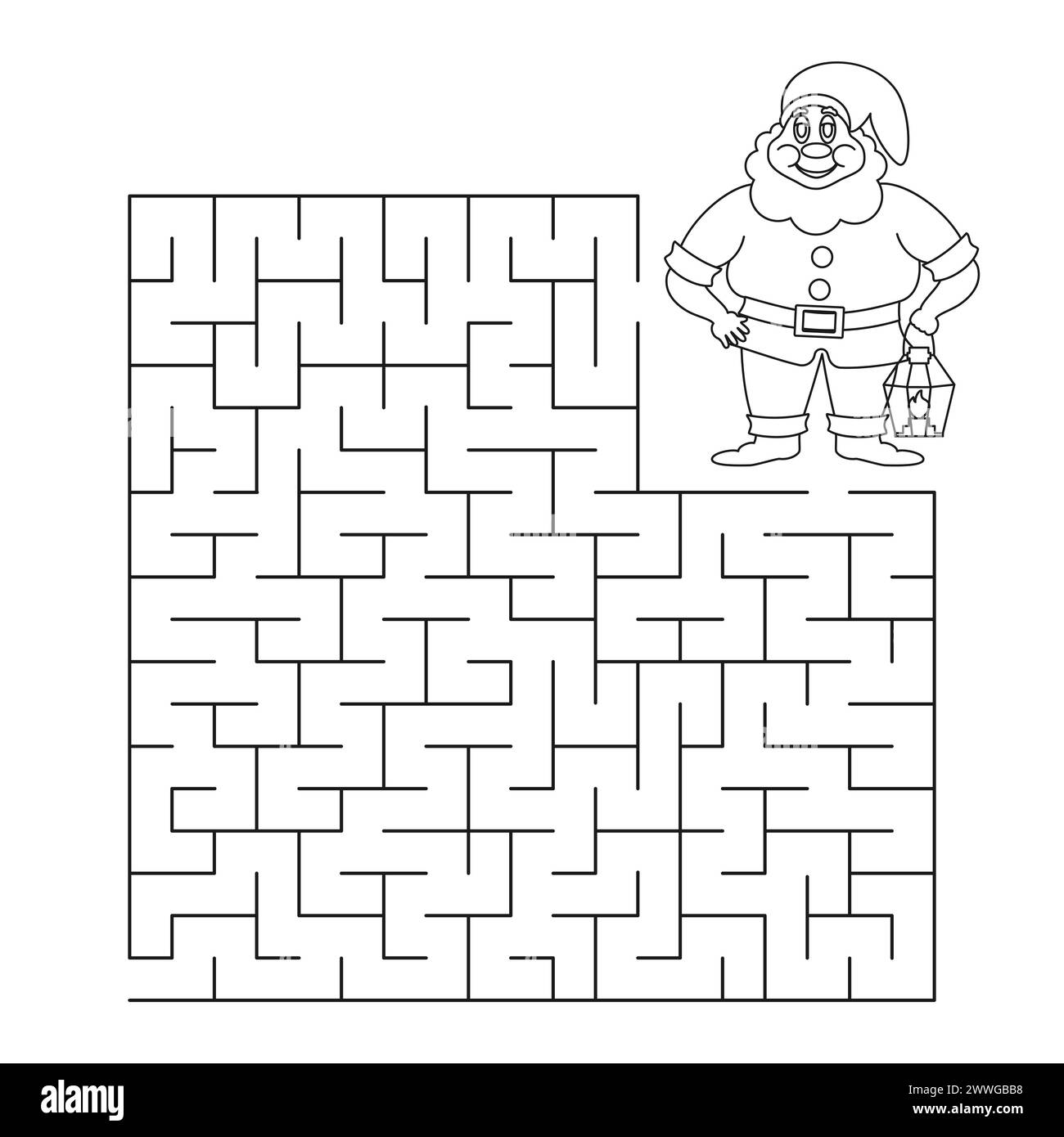 Illustration vectorielle noir et blanc. Labyrinthe de jeu éducatif pour enfants - Aidez le gnome à trouver le bon chemin. Livre de coloriage. Illustration de Vecteur