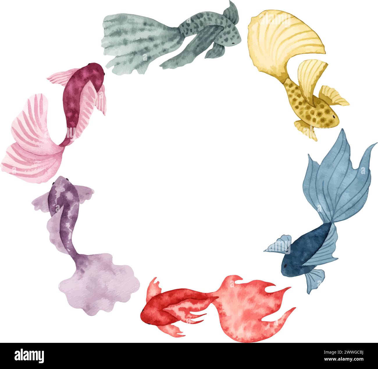 Couronne ronde de poisson aquarelle.illustration de la main.style simple et stylisé. Animaux marins de couleur unie. Monde sous-marin de la faune marine.Océan et mer Illustration de Vecteur