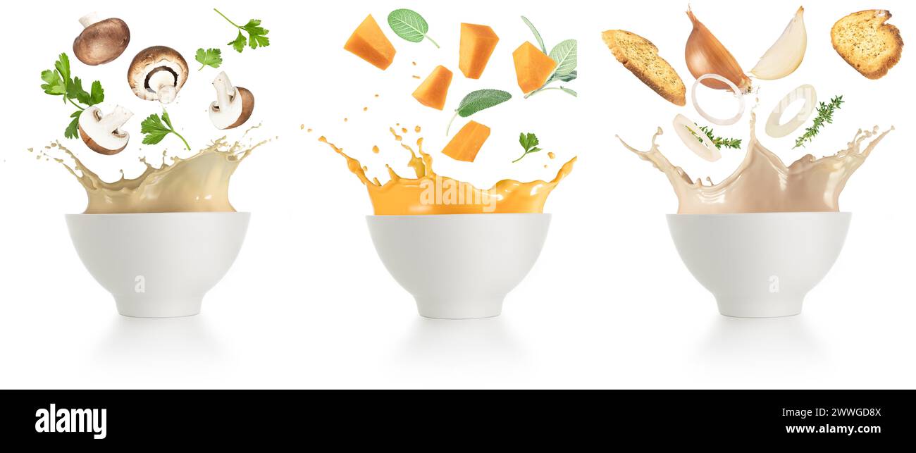 Ensemble de soupes crémeuses éclaboussant. Champignon, citrouille et oignon tombant dans des bols à soupe éclaboussant sur fond blanc. Banque D'Images