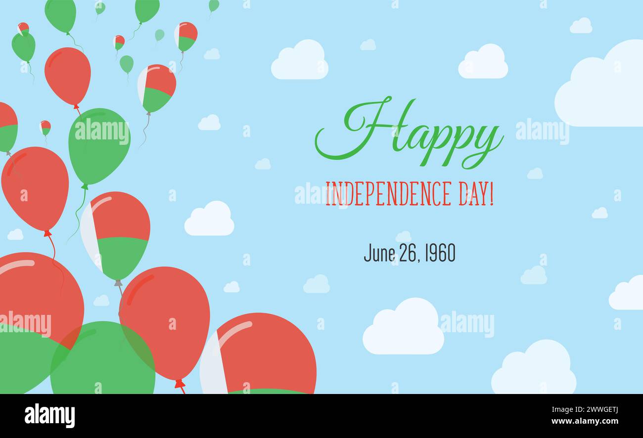 Affiche patriotique scintillante du jour de l'indépendance de Madagascar. Rangée de ballons aux couleurs du drapeau malgache. Carte de voeux avec drapeaux nationaux, Blue Skyes Illustration de Vecteur