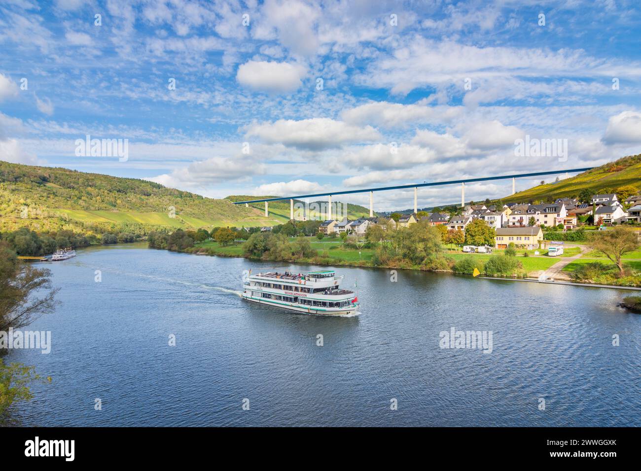 Zeltingen-Rachtig : Hochmoselbrücke (Pont de la haute Moselle), Moselle (Moselle), vignoble, navire à passagers à Moselle, Rhénanie-Palatinat Banque D'Images