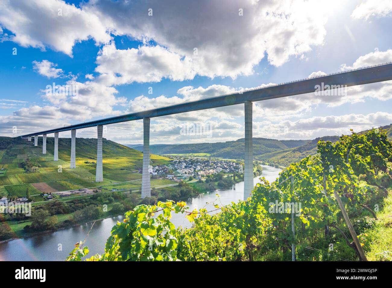 Zeltingen-Rachtig : Hochmoselbrücke (Pont de la haute Moselle), rivière Moselle (Moselle), vignoble, village Zeltingen-Rachtig à Moselle, Rhénanie-Palatinat, Rhinel Banque D'Images
