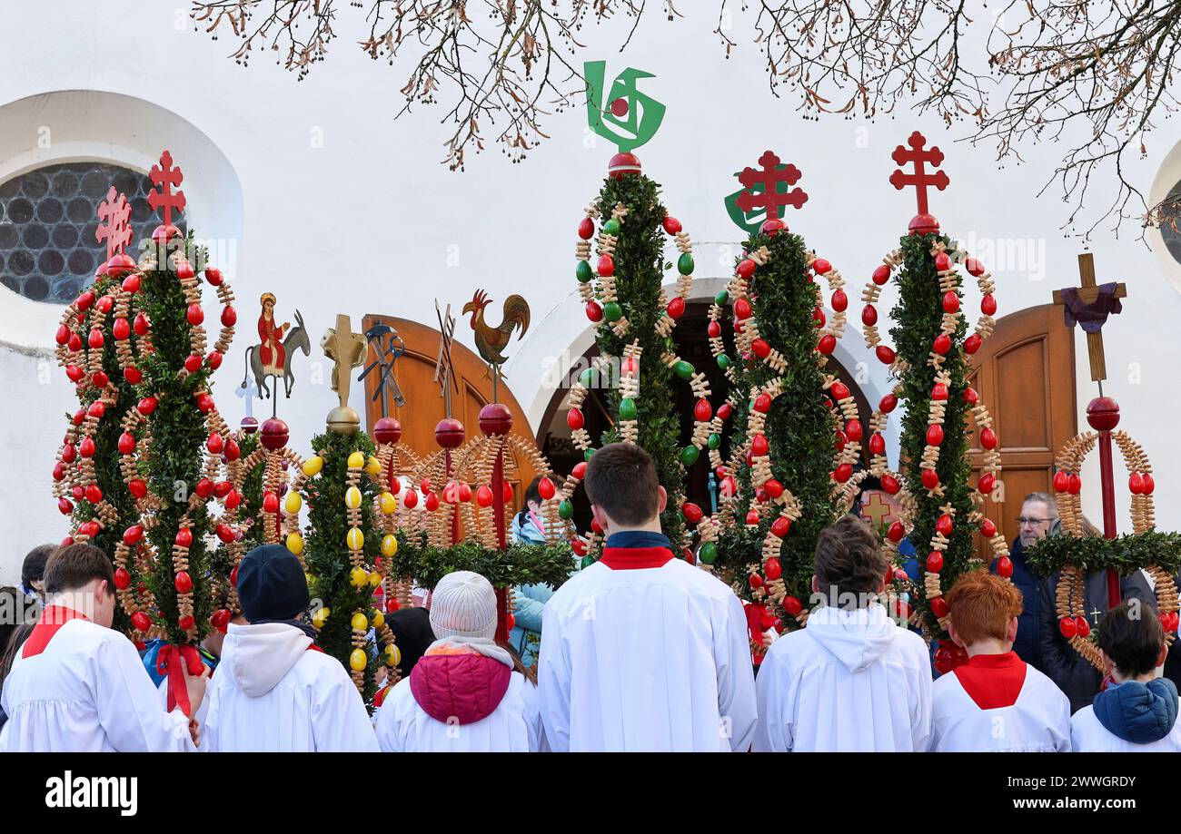 Riedingen, Allemagne. 24 mars 2024. Les serviteurs d'autel se tiennent avec leurs paumes pendant la bénédiction des palmiers devant la chapelle du hameau. Pour les chrétiens, ce jour marque le début de la semaine Sainte. Les fidèles commémorent alors l'entrée de Jésus à Jérusalem. Ses disciples auraient acclamé Christ et jeté des branches de palmier sur son chemin. Crédit : Thomas Warnack/dpa/Alamy Live News Banque D'Images